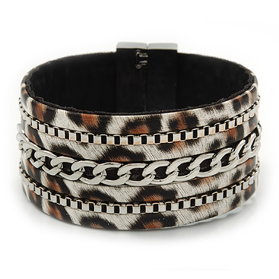 Wide Animal Pattern with Chain Detailing Magnetic Bracelet In Silver Tone - 18cm L