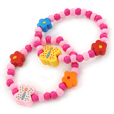 Children's/ Teen's / Kid's Pink Wood Bead with Flowers and Butterfly's Flex Bracelet - Set of 2pcs - Adjustable