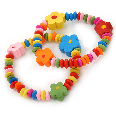 Children's/ Teen's / Kid's Multicoloured Wood Bead with Flowers Flex Bracelet - Set of 2pcs - Adjustable