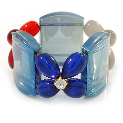 Blue, Red, Cream Floral Resin Stretch Bracelet - up to 20cm L