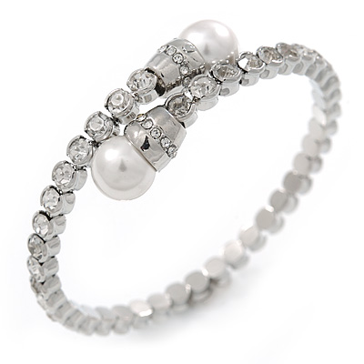 Bridal/ Wedding/ Prom Clear Crystal, White Glass Pearl Flex Bracelet In Rhodium Plating - Adjustable