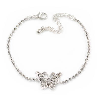 Delicate Clear Crystal Butterfly Bracelet In Silver Tone Metal - 16cm L/ 5cm Ext
