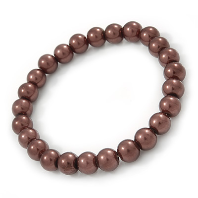 8mm Chocolate Brown Pearl Style Single Strand Bead Flex Bracelet - 18cm L - main view