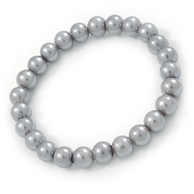 8mm Grey Pearl Style Single Strand Bead Flex Bracelet - 18cm L