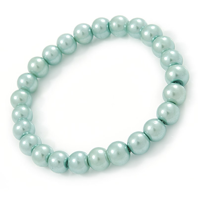 8mm Pale Green Pearl Style Single Strand Bead Flex Bracelet - 18cm L