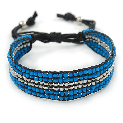 Unisex Blue/ Silver Glass Bead Friendship Bracelet - Adjustable
