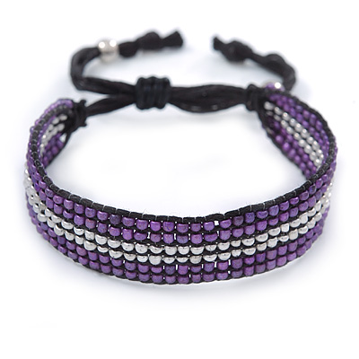 Unisex Purple/ Silver Glass Bead Friendship Bracelet - Adjustable