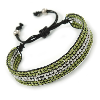 Unisex Olive Green/ Silver Glass Bead Friendship Bracelet - Adjustable - main view