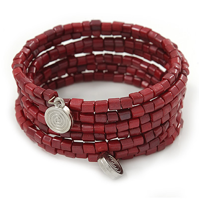 Garnet Red Acrylic Bead Multistrand Coiled Flex Bracelet Bangle - Adjustable - main view