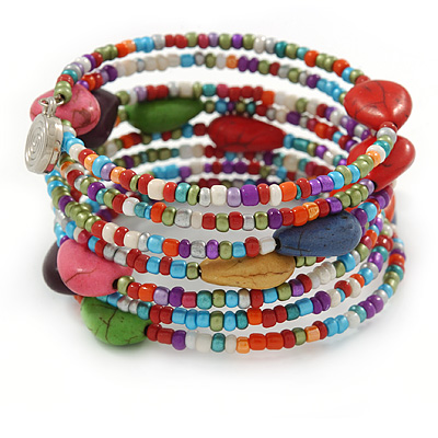 Multistrand Multicoloured Glass and Ceramic Bead Flex Bracelet - Adjustable