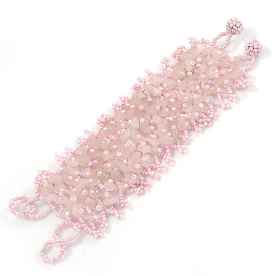 Wide Handmade Pale Pink Semiprecious Stone and Glass Bead Bracelet - 17cm L