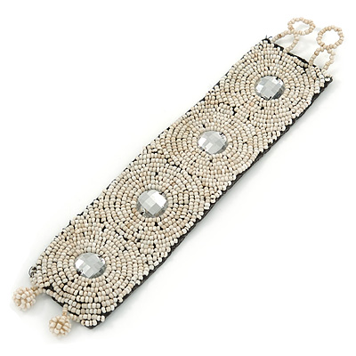 Handmade Boho Style Antique White Glass Bead with Clear Crystals Wristband Bracelet - 18cm L/ 2cm Ext