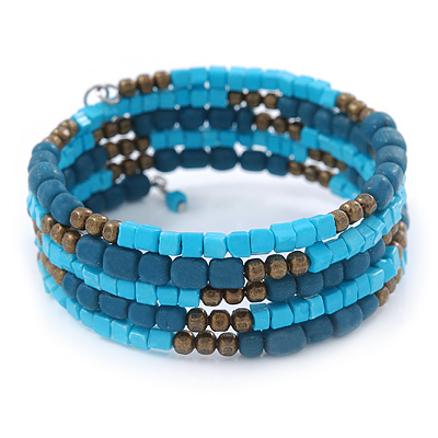 Azure/ Turquoise Stone Bead Multistrand Coiled Flex Bracelet Bangle - Adjustable - main view