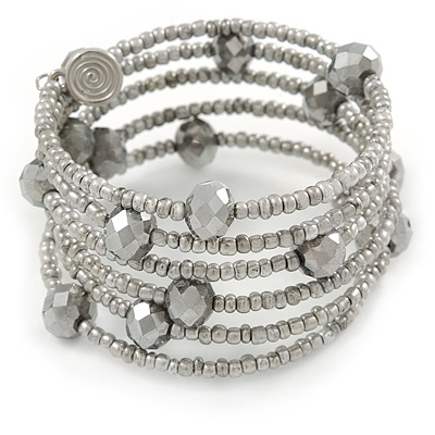 Multistrand Light Grey Glass Bead Flex Bracelet - Adjustable