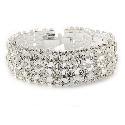 Bridal/ Wedding/ Prom/ Party Austrian Crystal Bracelet with Tongue Clasp In Silver Tone - 17cm L