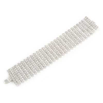Statement 9 Row Austrian Crystal Bracelet with Tongue Clasp In Silver Tone - 18cm L