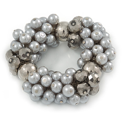 Chunky Light Grey Glass Pearl, Anthracite Coloured Crystal Bead Flex Bracelet -18cm L