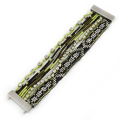 Silver/ Light Green/ Black Glass Bead, Silk Cord Handmade Magnetic Bracelet - 18cm L