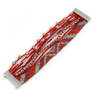 Silver/ Red/ Carrot/ Burgundy Glass Bead, Silk Cord Handmade Magnetic Bracelet - 18cm L
