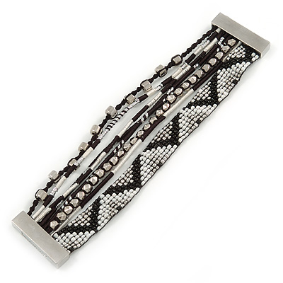 Silver/ Black/ White Glass Bead, Silk Cord Handmade Magnetic Bracelet - 18cm L