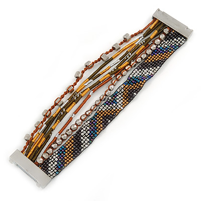 Silver/ Bronze/ Peacock/ Brown Glass Bead, Silk Cord Handmade Magnetic Bracelet - 18cm L