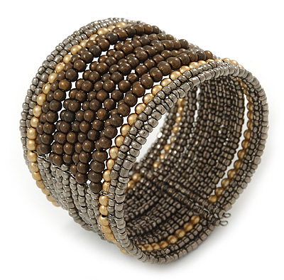Boho Brown/ Metallic Silver/ Gold Glass & Acrylic Bead Cuff Bracelet - Adjustable (To All Sizes)