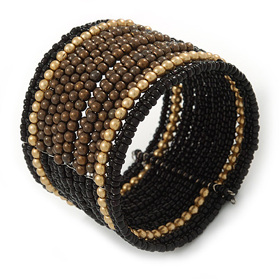 Boho Brown/ Black/ Gold Glass & Acrylic Bead Cuff Bracelet - Adjustable (To All Sizes) - main view