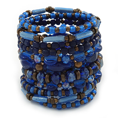 Wide Coiled Ceramic, Acrylic, Glass Bead Bracelet (Blue, Brown) - Adjustable