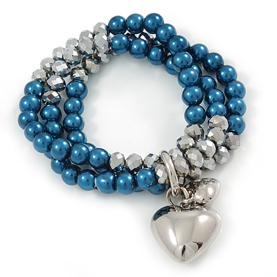 3 Strand Denim Blue Glass Pearl, Metallic Silver Crystal Bead with Puffed Heart Charm Flex Bracelet - 20cm L - main view