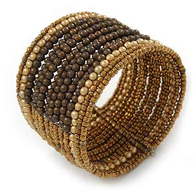 Boho Brown/ Metallic Bronze/ Gold Glass & Acrylic Bead Cuff Bracelet - Adjustable (To All Sizes)