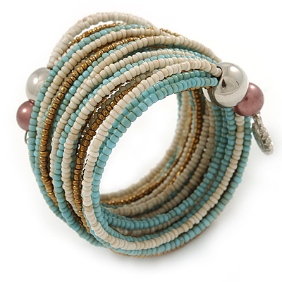 Multistrand White/ Bronze/ Light Blue Glass Bead Wrap Flex Bracelet - 19cm L