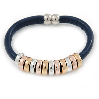 Dark Blue Leather with Silver/ Gold /Rose Gold Metal Rings Magnetic Bracelet - 19cm L - main view