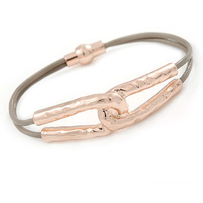 Hammered Double Loop with Beige Leather Cords Magnetic Bracelet In Rose Gold Tone - 20cm L