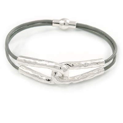 Hammered Double Loop with Light Grey Leather Cords Magnetic Bracelet In Light Silver Tone - 20cm L