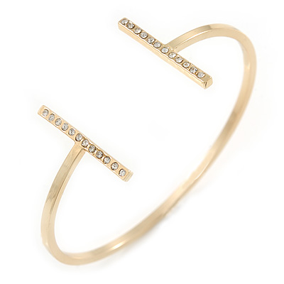 Delicate Crystal Bar Cuff Bracelet Bangle In Gold Tone Metal - 17cm L (For Smaller Wrist)