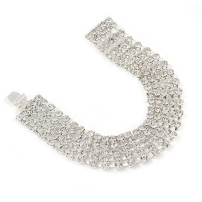 5 Row Bridal/ Wedding/ Prom Clear Austrian Crystal Bracelet In Silver Tone with Tonque Clasp - 19cm L