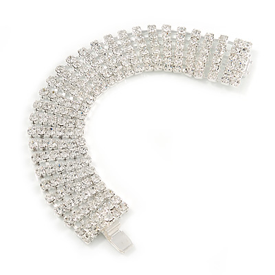 Statement 6 Row Austrian Crystal Bracelet with Tongue Clasp In Silver Tone - 18cm L