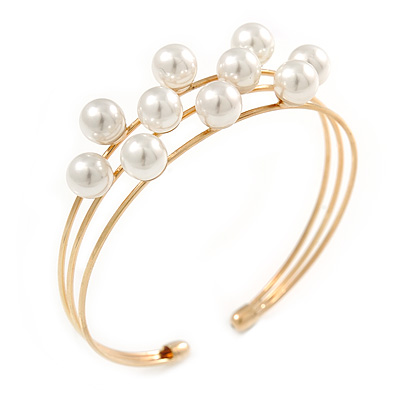 Delicate 3 Bar Cluster White Faux Pearl Cuff Bracelet In Gold Tone - 19cm L - Adjustable - main view