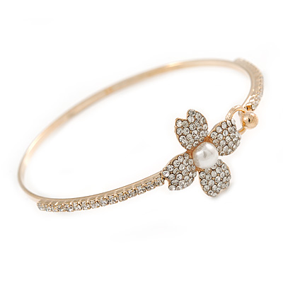 Delicate Clear Crystal, Pearl Flower Thin Bangle Bracelet In Gold Tone - 19cm - main view