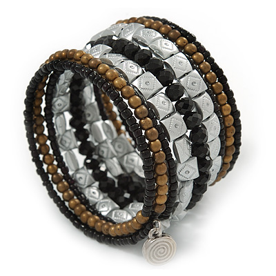 Jet Black Glass, Silver & Bronze Tone Acrylic Bead Coiled Flex Bracelet - Adjustable