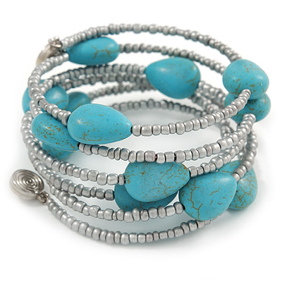Turquoise Stone and Metallic Silver Glass Bead Multistrand Coiled Flex Bracelet - Adjustable