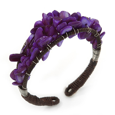 Inky Purple Sea Shell Nugget Wire Flex Cuff Bracelet - Adjustable