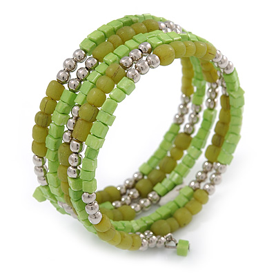 Lime Green/ Light Olive Stone, Silver Acrylic Bead Multistrand Coiled Flex Bracelet - Adjustable