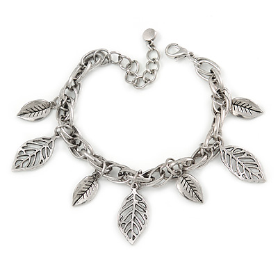 Vintage Inspired Leaf Charm with Chunky Chain Bracelet In Silver Tone - 17cm L/ 4cm Ext