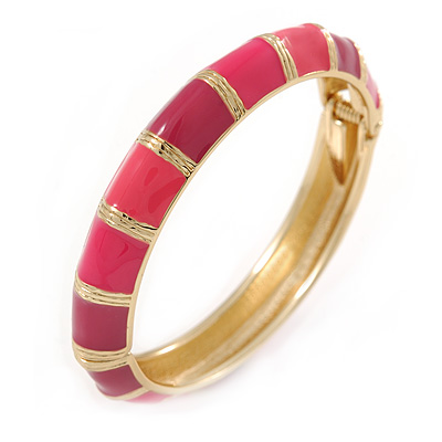 Deep Pink/ Fuchsia Enamel Hinged Bangle Bracelet In Gold Plating - 19cm L