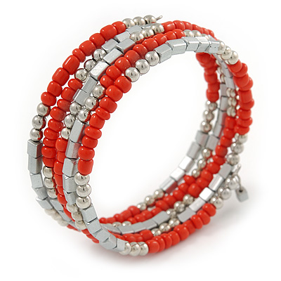 Coral Orange Glass Bead, Silver Acrylic Bead Multistrand Coiled Flex Bracelet - Adjustable