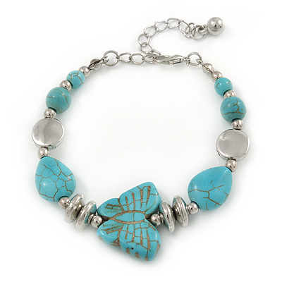 Silver Tone Bead, Turquoise Style Stone Butterfly Bracelet - 16cm L/ 5cm Ext