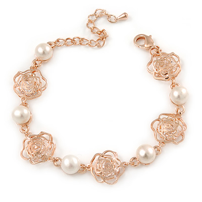Delicate Filigree CZ Rose with Simulaled Pearl Bracelet In Rose Gold Tone Metal - 15cm L/ 5cm Ext (For Small Wrist)