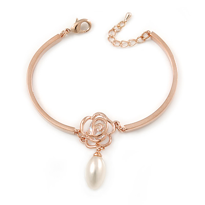 Romantic CZ Rose with Dangling Pearl Bracelet In Rose Gold Metal - 15cm L/ 3cm Ext (For Small Wrist) - main view
