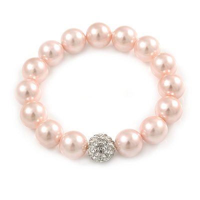 12mm Pale Pink Polished Glass Bead with Clear Crystal Ball Flex Bracelet - 17cm L